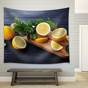Lemon and Mint Leaves Served on Wooden Kitchen Board on Black Rustic Table - Fabric Wall Tapestry Home Decor - 51x60 inches
