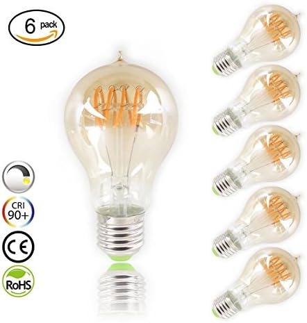 Jslinter 4W Vintage LED Bulb Spiral Filament Edison Dimmable A19 Amber Light Bulbs (6-pack)