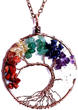 ysn Tree Of Life Pendant Necklace Car Pendant 7 Chakras Gemstone Unique Jewelry Gifts For Mothers Daughters Girls Boys Best friends Fashion Family Handmade Healing Crystal Necklace (Yellow, 21)
