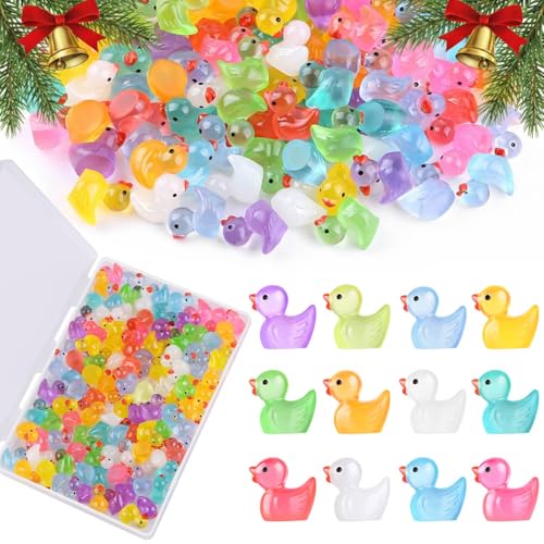 60 Pack Luminous Mini Resin Ducks with Storage Container, 12 Colors Tiny Ducks Glow in The Dark, Small Plastic Animals for Dollhouse Landscape Decor, Little Miniature Figurines for Kids Party Favors