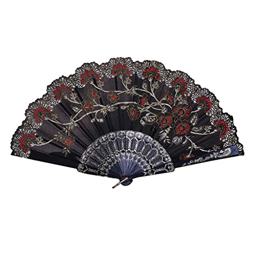 Decorative Folding Fans , Puyujin Floral Folding Hand Fan Vintage Retro Silk Handheld Fans Lace Folding Fan Wedding Dancing Church Party Gifts (Black)