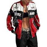 Chvity Womens Racing Jacket Color Block Letter Graphic Bomber Jackets Zip Up Lightweight Varsity Coats Y2k Outerwear