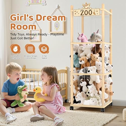 Stuffed Animal Storage Zoo Tower, 142.5cm Wooden Large Stuffed Animal Holder Organizer with Wheels, Stuffy Plushies Storage with Elastic Band&Mesh Bottom, Toy Storage Organizers for Playroom Bedroom