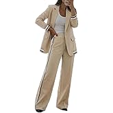 CHICME Womens Two Piece Outfits Striped Side Button Blazer and Waist Wide Leg Pants with Pockets Sets