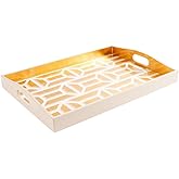 Caspari Garden Gate Lacquer Large Rectangle Tray – 21"x15" Handmade, White & Gold, Elegant Decorative Serving, 1 Tray