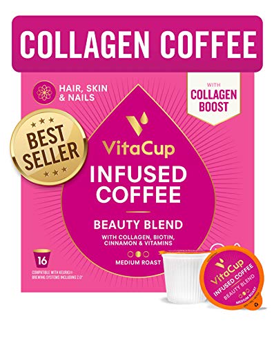 VitaCup Beauty Collagen Coffee Pods for Hair, Skin & Nails, with Biotin & Folate, Medium Dark Roast, Keto Friendly, Recyclable Single Serve Pod Compatible with Keurig K-Cup Brewers,16 Ct