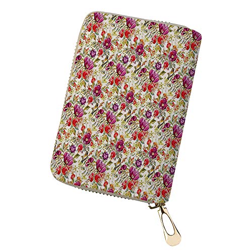RFID Blocking Credit Card Holder lowers with Leaves Leather Zipper Card Case