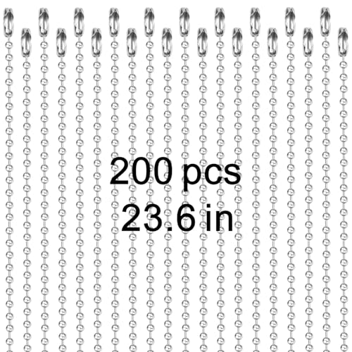200 pcs Dog Tag Chain Ball Chain Necklace Bulk,23.6 inch Long military dog tag chain for Men dog tag chains ，beaded chain necklace chains for jewelry making，Silver Nickel Plated Metal 2.4mm Ball Chain