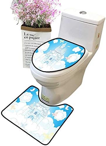 2-Piece Bathroom Toilet Accessory Set of a Fairy Tale Castle Clouds in The Sky and Butterflies Print White Toilet Mat Set Bathroom Accessories