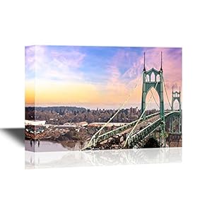 Bridge Canvas Wall Art - St Johns Bridge in Portland Oregon Over Willamette River with Mt St Helens View - Gallery Wrap Modern Home Art | Ready to Hang - 12x18 inches