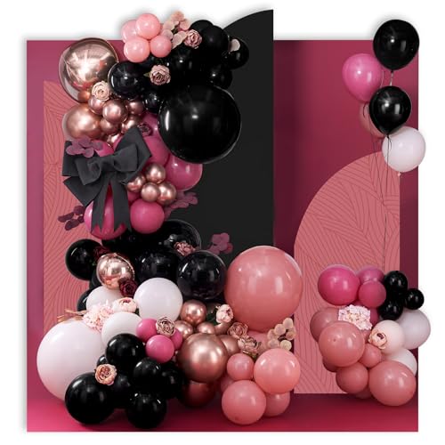 PartyWoo 140 pcs Pink and Black Balloon Arch Kit Garland Black Dusty Hot Pink Fuchsia Rose Gold and 4D Foil Balloons for Wedding Engagement Princess Bachelorette Birthday Party Decorations