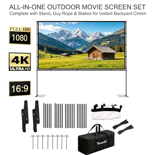 84" Projection Screen with Stable Stand - 4K HD 16:9 Canvas without Folding, 5 Min Quick Assembly, Ultra-Portable for Home Theater, Garden & Camping - Bag Included