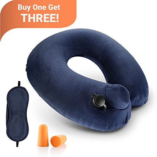 Travel Pillow, Cozzine Ultra Soft Washable Neck Inflatable Pillow for Travel on Airplane, Car, Train, Bus and Camping etc. (Free Eye Mask and Ear Plug Included)