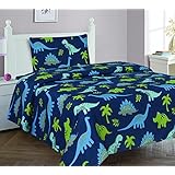 Elegant Home Dinosaurs Jurassic Park Design Multicolor Dark Blue Green 3 Piece Printed Twin Size Sheet Set with Pillowcase Flat Fitted Sheet for Boys/Kids/Teens # Dinosaurs Blue 2 (Twin)