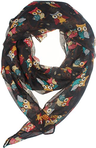 Vivian & Vincent Soft Light Weight Cartoon Owl Sheer Scarf Shawl Wrap Black - Thumbnail 2
