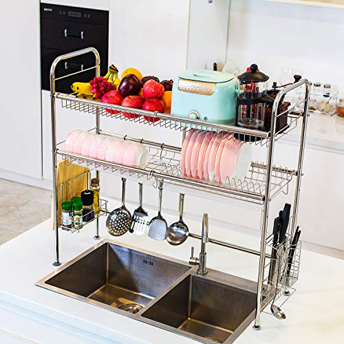 Dish Drying Rack Over the Sink with Drain Board 304 Stainless Steel Dish Rack for Counter Dish Drainer Shelf 2 Tier Kitchen Supplies Storage Display Stand Tableware Organizer Utensils Holder - Thumbnail 6