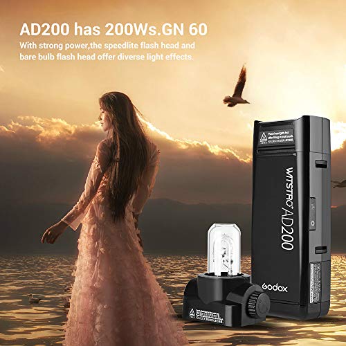 Godox AD200 200Ws 2.4G TTL Flash Strobe 1/8000 HSS Cordless Monolight with 2900mAh Lithimu Battery and Bare Bulb/Speedlite Fresnel Flash Head to Cover 500 Full Power Shots and Recycle in 0.01-2.1 Sec