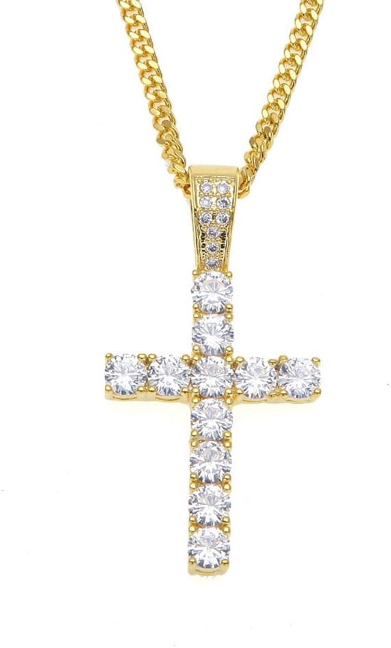MCSAYS Hip Hop Jewelry Iced Out Bling Full Crystal Cross Pendant Golden Cuban Chain Religious Christian Necklace Fashion Accessories for Men/Women Gifts