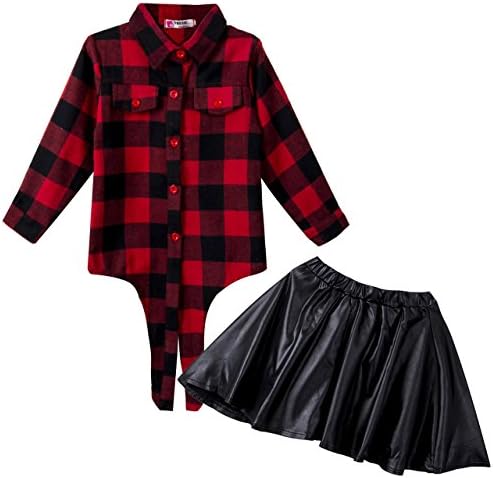Little Girls Fashion Plaid Tops Shirt +High Waist Faux Leather Mini Skirt Outfit (130 (5-6Y))