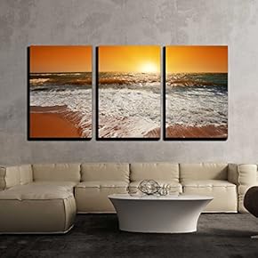 3 Piece Canvas Wall Art - Magic Orange Sunset Over sea - Modern Home Art Stretched and Framed Ready to Hang - 16"x24"x3 Panels