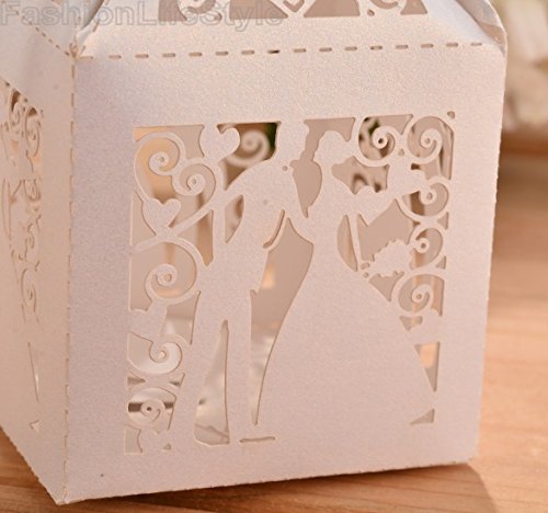 PONATIA 50pcs/Lot 2.3 Inches Laser Cut Pearl Paper Party Wedding Favor Ribbon Candy Boxes Gift Box White (Bride and Groom) - Thumbnail 2
