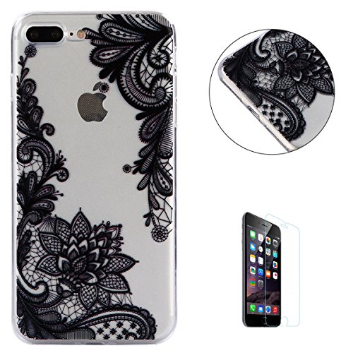 iPhone 7 Plus/8 Plus Case Clear,[Free Screen Protector] KaseHom Premium Soft Silicone TPU Cover Oil Painting Anti-scratch Bumper Rubber Transparent Shell for iPhone 7 Plus,Black Lace Flowers