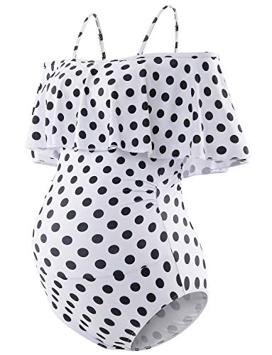 Maternity Bikinis Tankini Floral Flouncing Swimsuit One Piece Beachwear White with Black Polka Dot L
