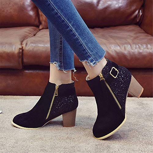 Londony ♥‿♥ Womens Suede Ankle Boots Faux Leather Wood Stacked Heel Glitter Fashion Zipper Up Booties - Thumbnail 3