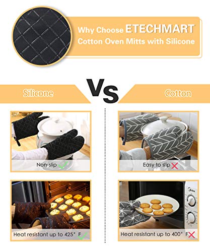 image for ETECHMART Cotton Oven Mitts with Silicone Heat Resistant Quilted Micro