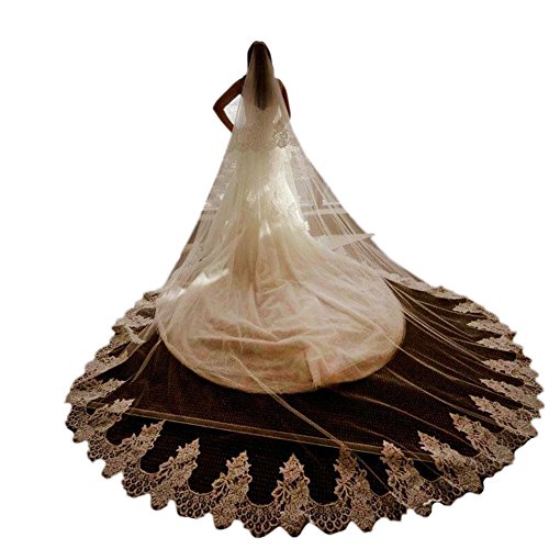 Eliffete 2 Tiers Long Ivory Chapel Luxury Lace Wedding Veil for Bride with Comb