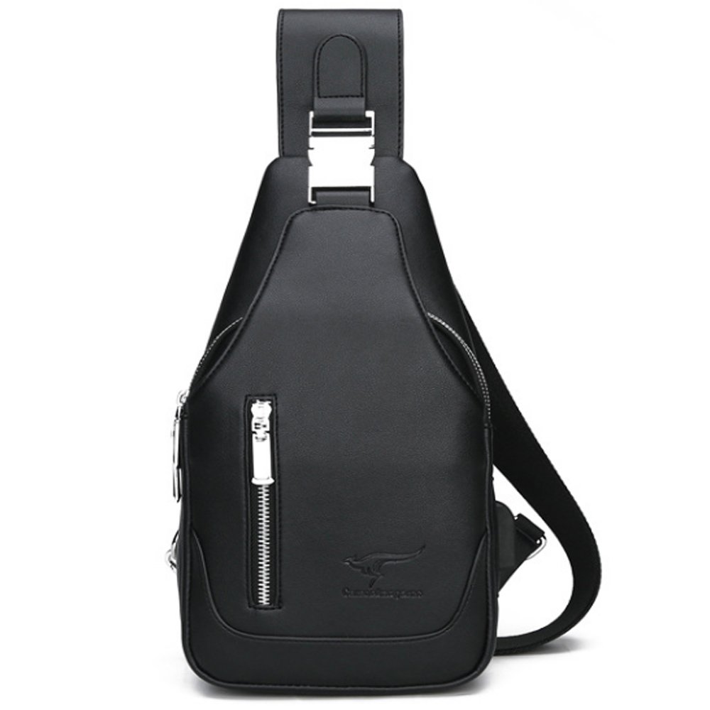 Rullar Mens PU Leather Sling Bags Multipurpose Chest Shoulder Crossbody Messenger Business Backpack Travel Hiking Casual Daypack Purse Black