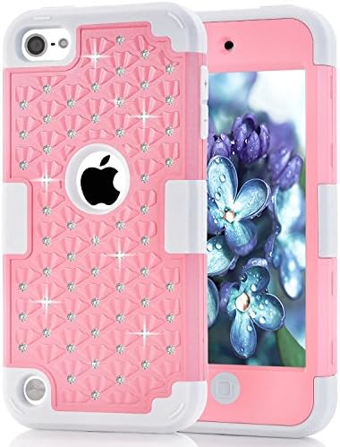 iPod Touch 5 6 Case, iPod Touch 5th/6th Generation Cover Case, Easytop 3 in 1 Bling Hybrid Soft Silicone Interior and Hard PC Exterior Shield Slim Lightweight Protective Plastic Case (Pink + Grey)