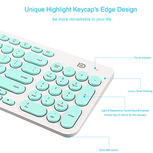 Wireless Keyboard and Mouse Combo, FD iK6300 2.4GHz Cordless Cute Round Key Set Smart Power-saving Whisper-Quiet Slim Combo for Laptop, Computer and Mac (Mint Green & White)