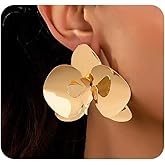 Gold Large Flower Statement Stud Earrings for Women Chunky Unique Orchid Floral Drop Dangle Earrings Exaggerated Floral Metal Earring Vacation Jewelry