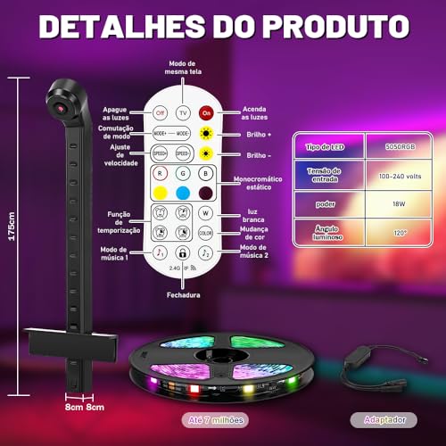 Fita Led Inteligente, Com Câmera, Sensor AR para Capturar Cores, Com Controle Remoto e Controle por APP, Fita de Led Inteligente, Led Inteligente, Fita de Led Rgb, Led Rgb para Tv
