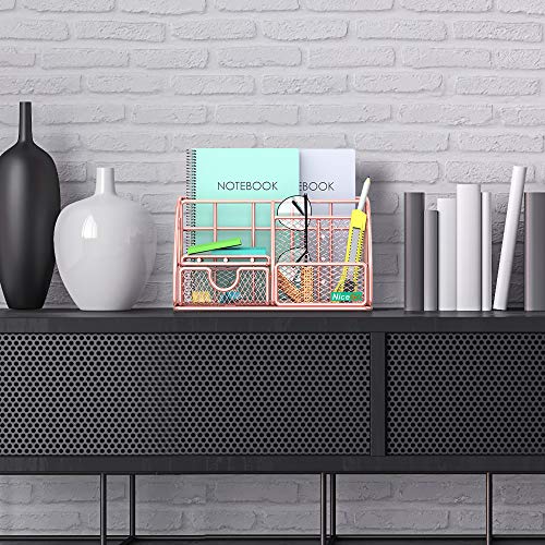 NiceGo Rose Gold Desk Organizer with Sliding Drawer,File Tray and Pen Holder Paper Organizer Upright Sections, Metal Mesh Multi-Functional Stationery Desk Supply Organizer for Office and School etc - Thumbnail 6