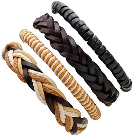 INMOFN 4 Pcs Multi-strand Braided Leather Bracelets for Men Women Wooden Beads Woven Rope Cuff Wrap Bracelet