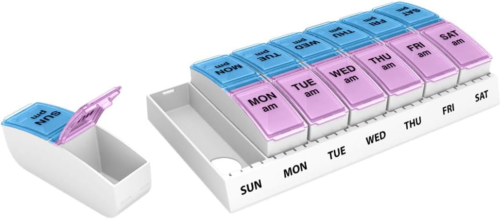 Ezy Dose Travel (7-Day) Pill, Medicine, Vitamin Organizer | Weekly, 2 Times a Day, AM/PM | Large Compartments | Colored Lids: Health & Personal Care