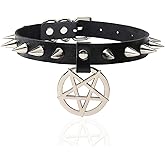Urieo Gothic Punk Spiked Leather Choker with Pentagram Pendant, Black