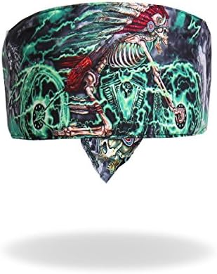 Green Indian Chief Skeleton Road Wrap Headband Head Wrap Biker Bandanna Sweatband and Velcro