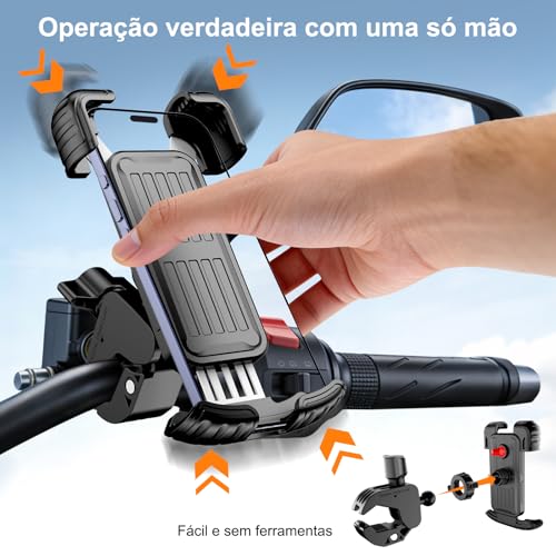 Tobeape Suporte Celular Moto e Bicicletas Antivibração, Universal 10,2–18,3 cm, Fixação Guidão 1,5–4,5 cm, Rotação 360°, Trava Dupla de Segurança, Ideal para iPhone 16 Pro Max e Samsung S24 Ultra