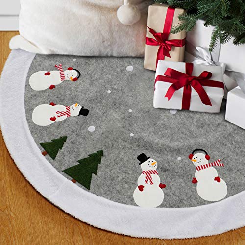 EDLDECCO Christmas Tree Skirt Snowman Printing with Faux Fur Trim 48 inches Large X'Mas Holiday Party Decor Ornaments - Thumbnail 7