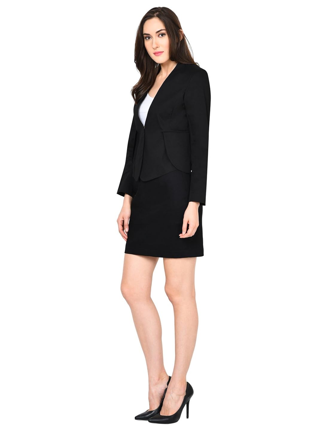 castle black solid skirt and blazer set