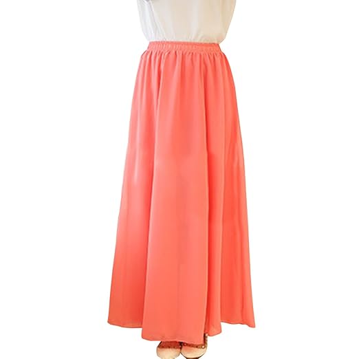 E.JAN1ST Women's Elastic Waist Skirt Retro Pleated Layered Long Chiffon Skirt, Watermelon, 24