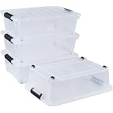 Lesbin 20 Quart Stackable Clear Plastic Under Bed Bins with Lid, Set of 4 | Latch storage container, slim 5.98 inch height, built-in bottom rolling wheels, for bedroom, closet and dorm organization
