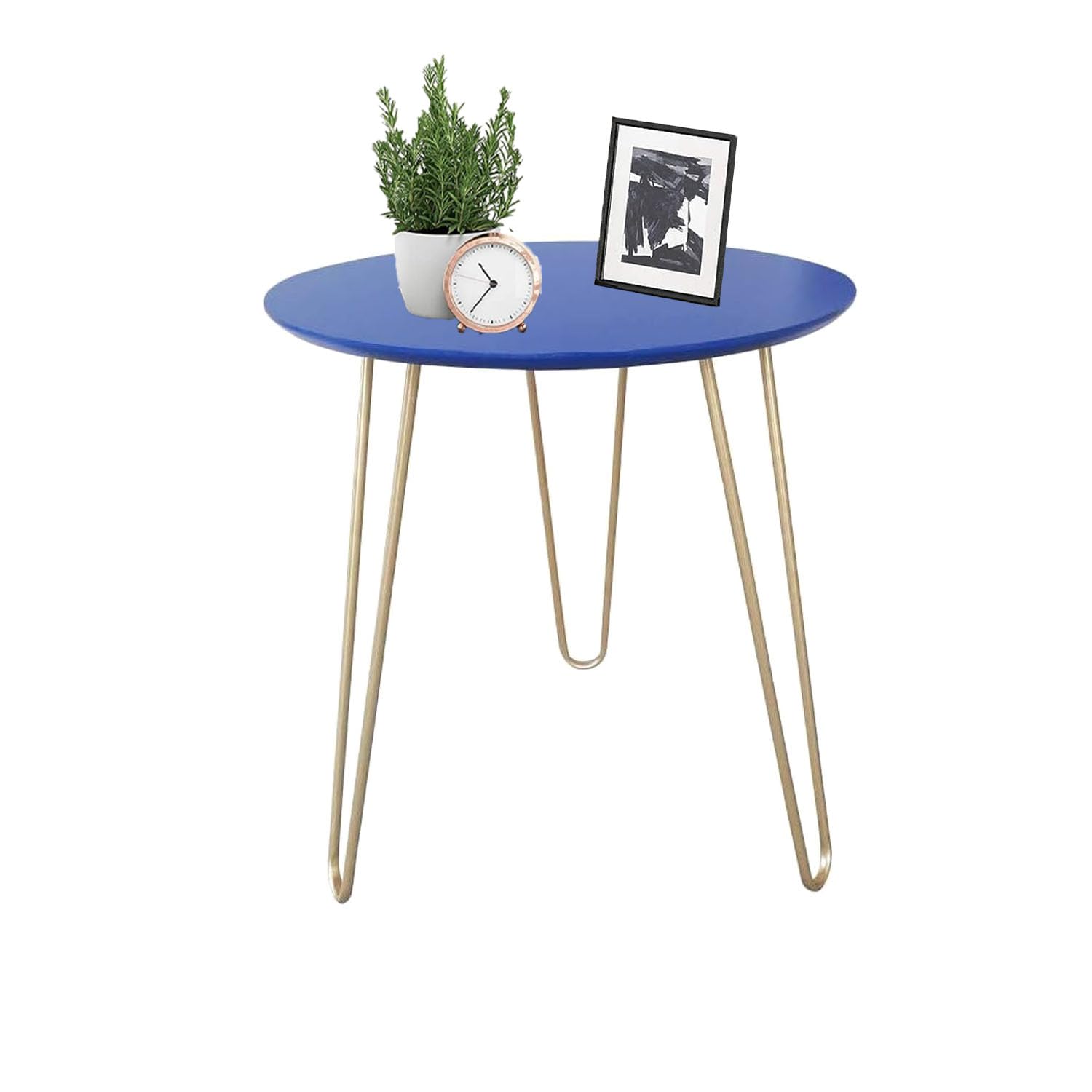 IFJA Round Coffee Tea Table with Metal Legs and blue Top | Bedside Sofa Side Easy Assembly Wooden Table for Living Room | Stunning Nightstand Rounded Corner Design | Space Saving Solution 40x40x45cm