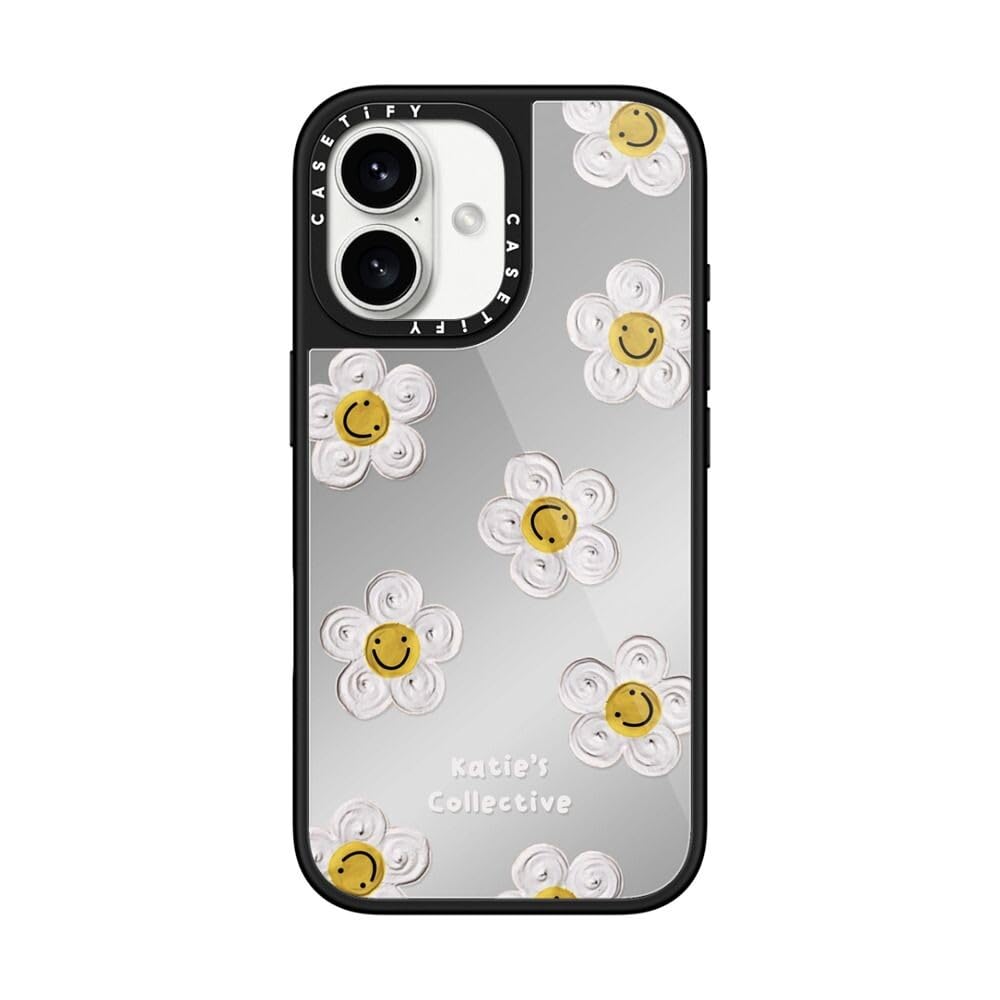 CASETiFY Metallic Glaze iPhone 16 Case [Scratch-Resistant/Reflective/Glossy Finish / 4.9 ft. Drop Protection/Magsafe] - Daisy by Katie-s Collective - Silver On Black
