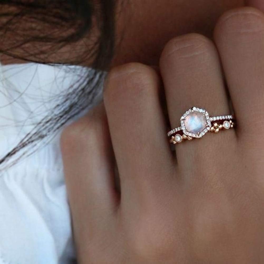 Yeshai3369 Set of 2 Fashion Faux Moonstone Finger Ring Engagement Propose Rings for Women Rose Gold US 7