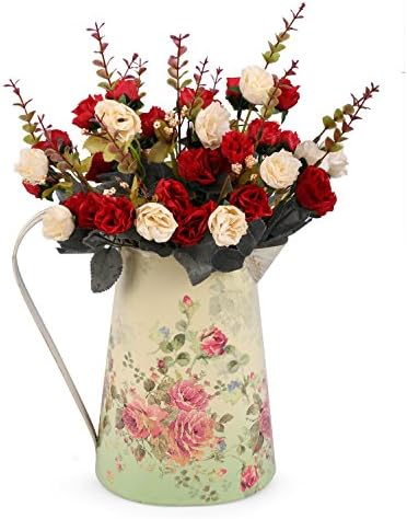 Louis Garden Artificial Flowers Large Vase Small Rose Set （2pcs Red Rose + 1 Handmade Iron Vase）
