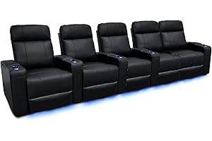 VALENCIA THEATER SEATING Valencia Piacenza Home Theater Seating | Premium Top Grain Nappa 9000 Leather, Power Recliner, LED Lighting (Row of 5 Loveseat Right, Black)